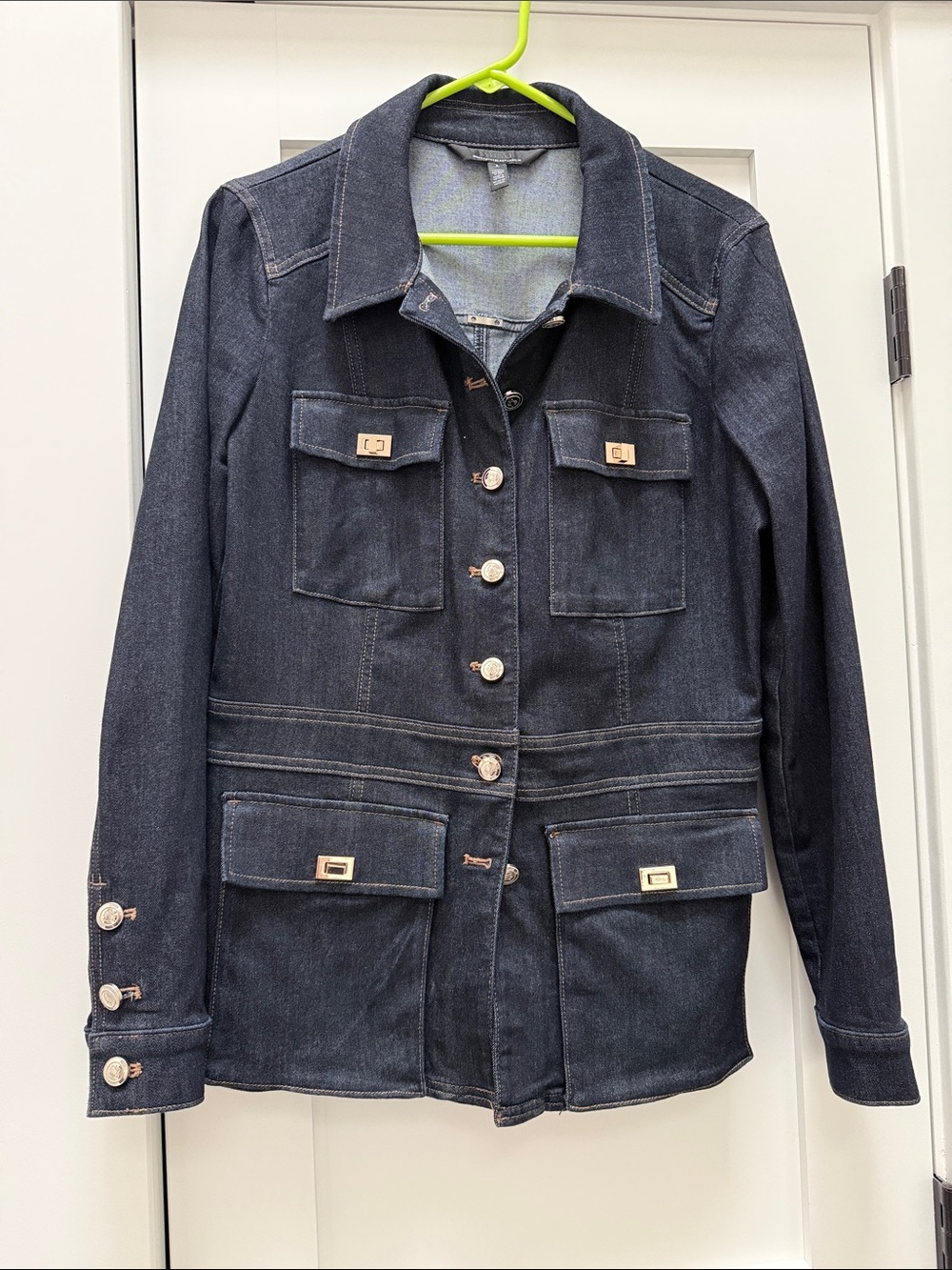 White House Black Market Dark Indigo Jean Jacket with Gold Accents